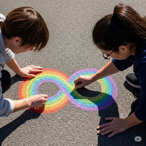 Dos mujeres dibujan juntas con tiza un símbolo de infinito con los colores del arcoíris, representando la unión y la diversidad en el proyecto Terapias Infantiles.